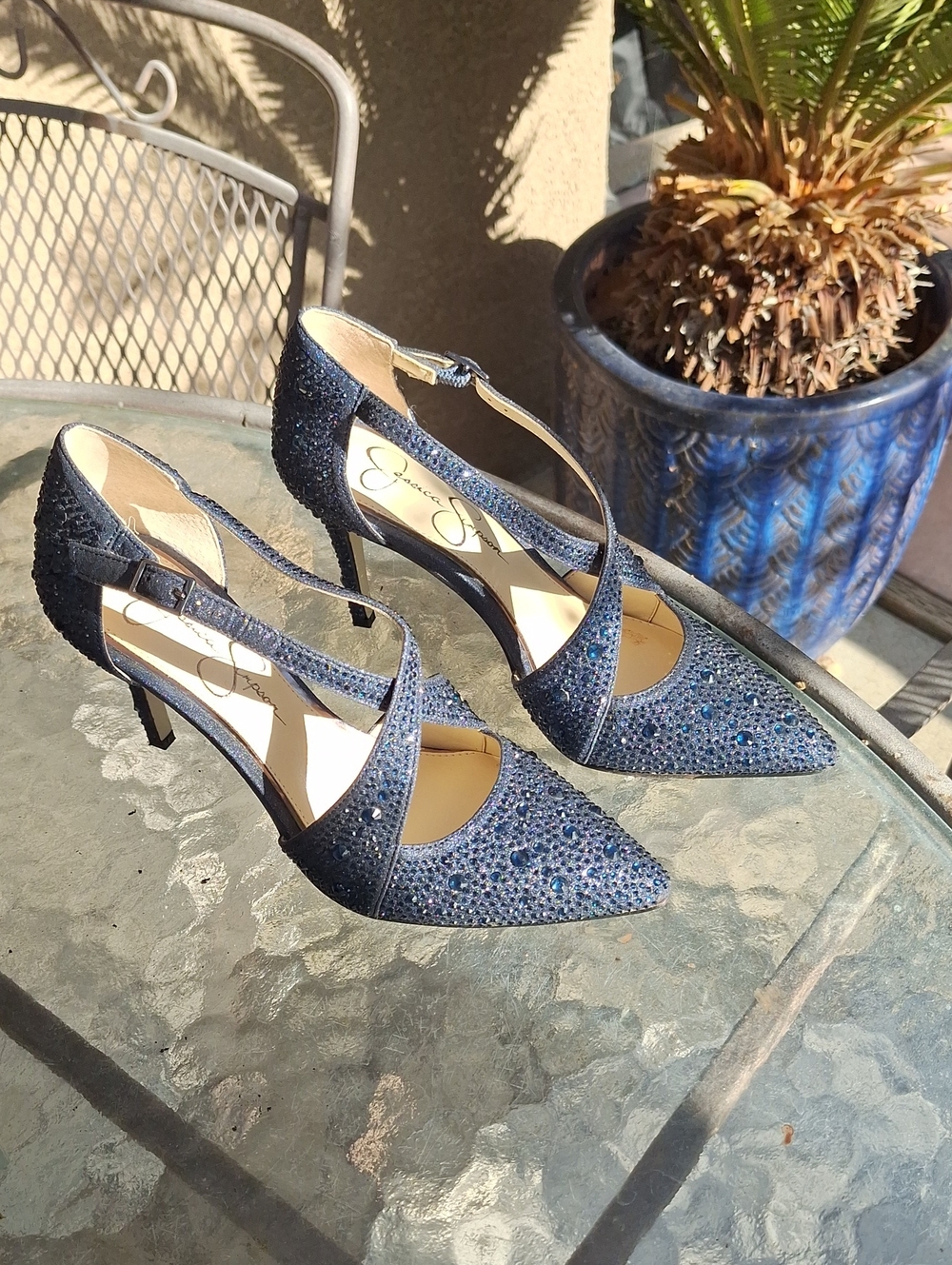 Jessica Simpson Sparkling Dark Blue Crystal Pointed-Toe Heels